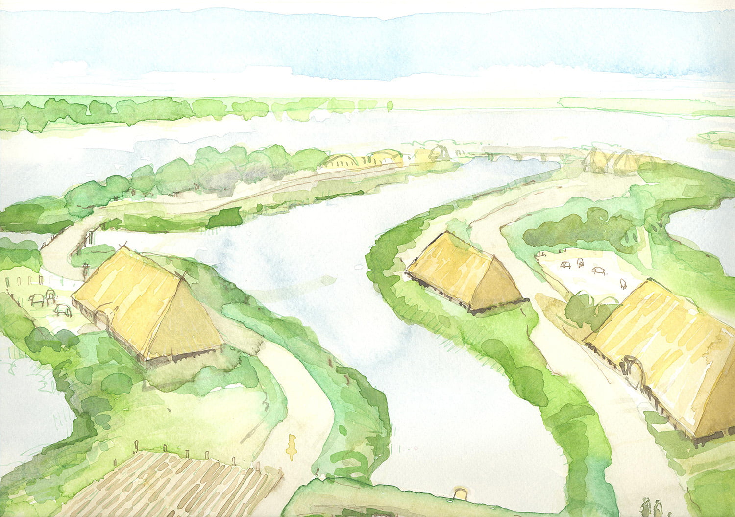Aquarel in vogelvlucht van vroegmiddeleeuws Flardinga met boerderijen langs een kreek