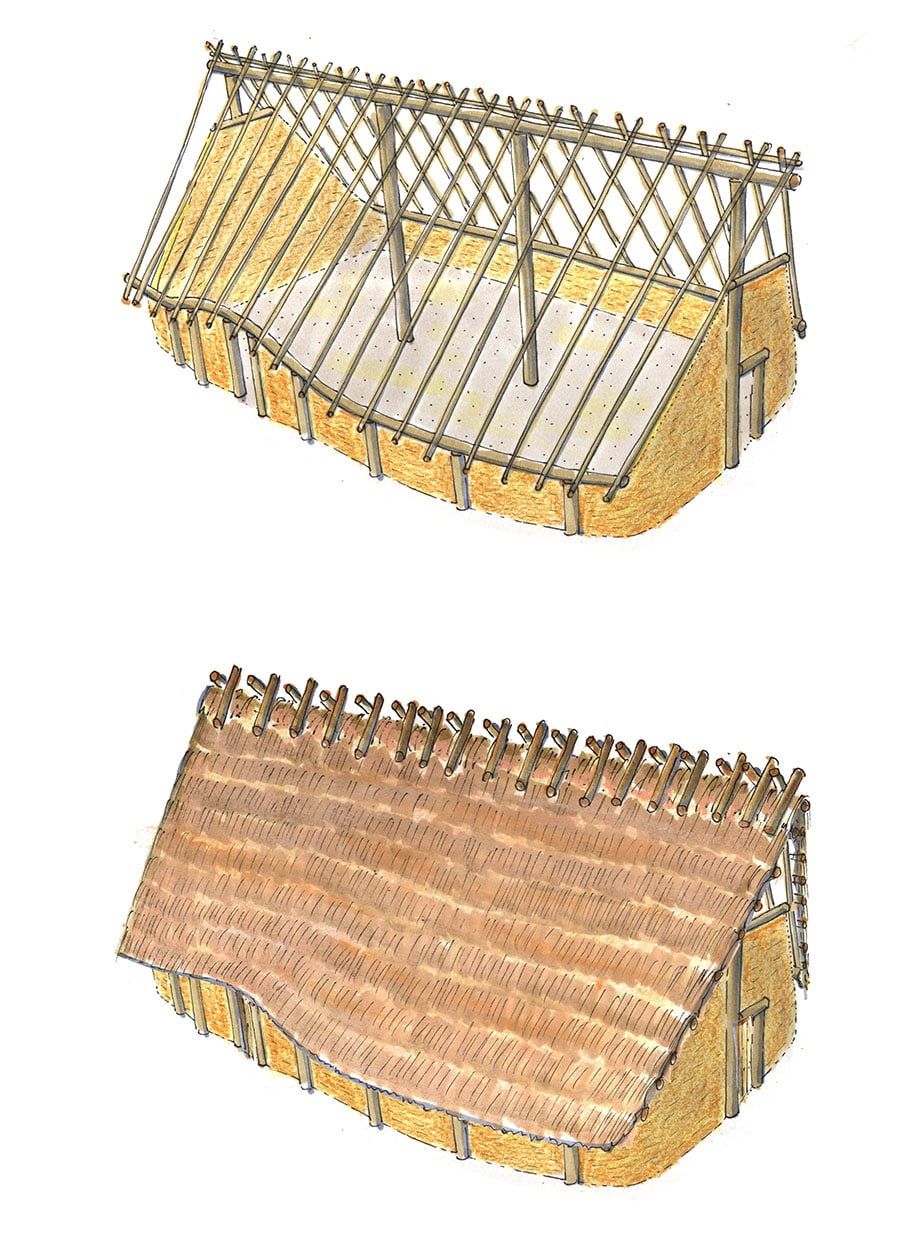 Ontwerptekening van het Rottahuis: houten dakconstructie en het huis met rieten dak