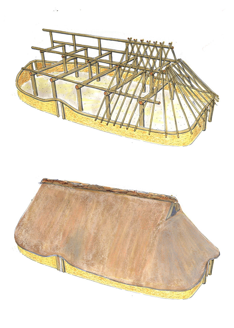 Ontwerptekening van het Spijkenissehuis: houten geraamte en het huis met rieten schilddak